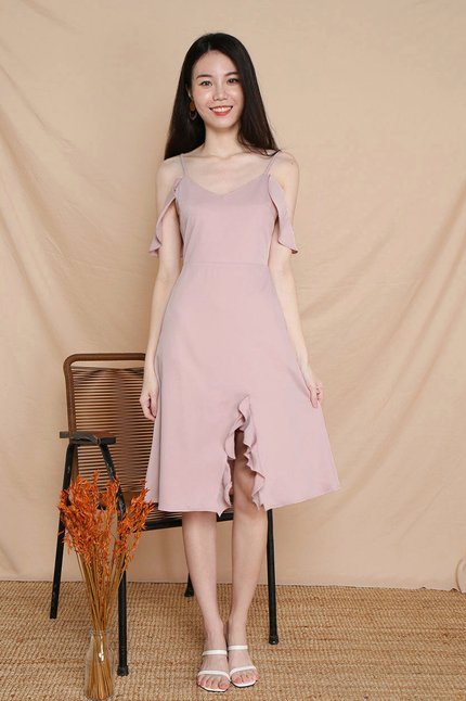 Joy Cold Shoulder Frills Slit Dress (Dusty Pink)