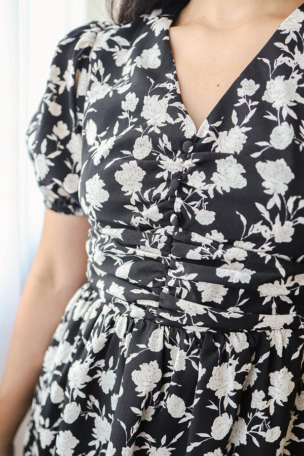 Diane Puff Sleeve Ruched Dress (Black Floral)