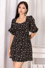 Gianna Puff Sleeve Ruched Dress (Black Floral)