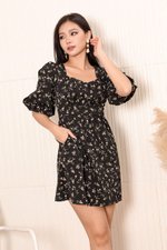 Gianna Puff Sleeve Ruched Dress (Black Floral)
