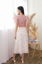 Victoria Tie-Waist Slit Midi Skirt (Pink Watercolour Abstract)