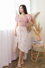 Victoria Tie-Waist Slit Midi Skirt (Pink Watercolour Abstract)