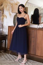 Giselle Ruched Dobby Dot Midaxi Dress (Navy)