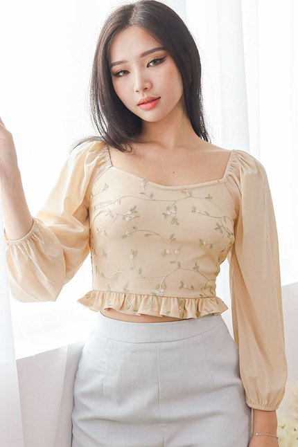 Lyra Floral Embroidery Mesh Top (Champagne Nude)