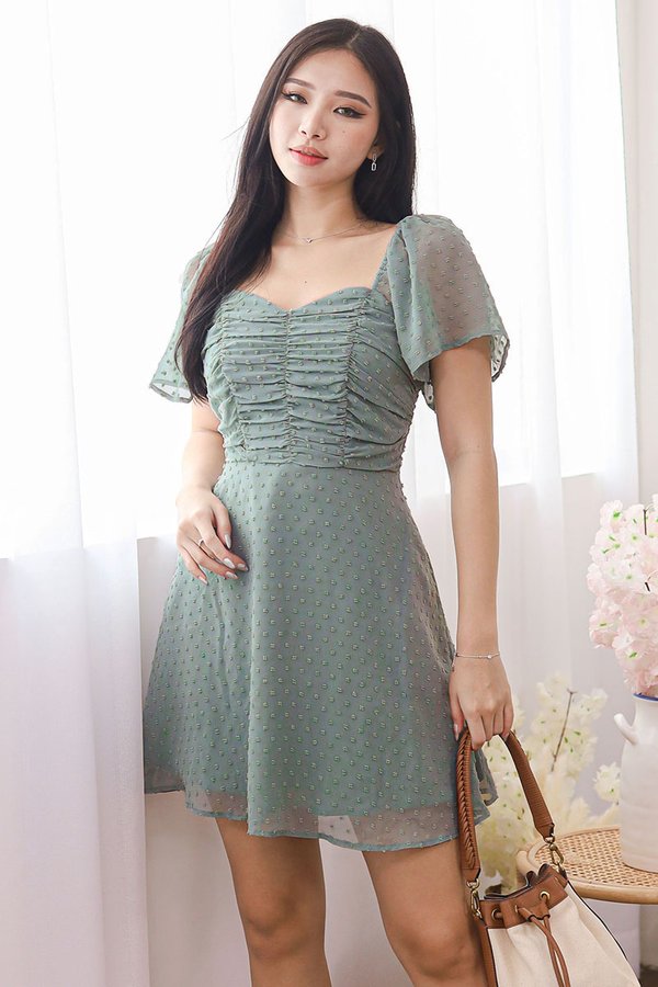 Lizzie Swiss Dot Ruched Dress (Dusty Green)