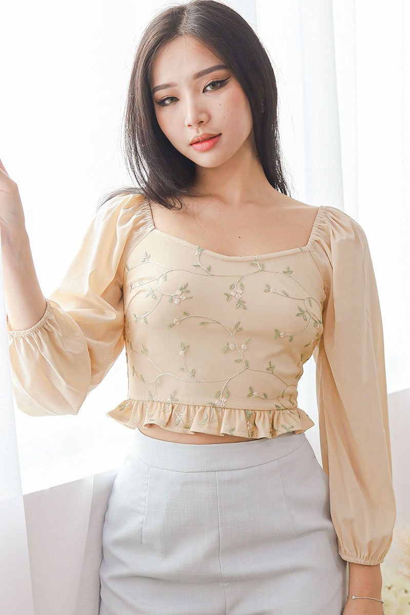 Lyra Floral Embroidery Mesh Top (Champagne Nude)